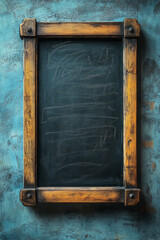 Poster - A simple blackboard isolated on a pastel blue background, with a faint chalk drawing on it,