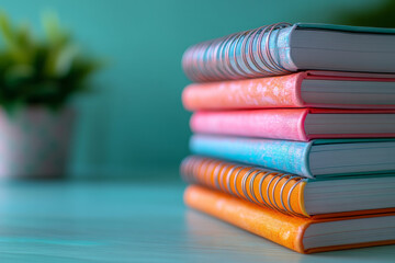 Leinwandbilder - A stack of spiral notebooks, neatly arranged on a pastel green background,