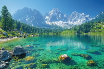 Wall Mural - Crystal Clear Lake Surrounded by Snowy Mountains and Green Forest