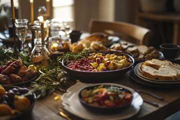 A bountiful gourmet feast of succulent meat, fresh vegetables, and seafood graces the elegant table, perfect for a celebratory dinner or lavish banquet