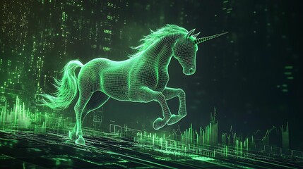 A green, wireframe unicorn leaps over a stylized cityscape.