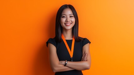 young woman posing confidently against a vibrant orange wall while wearing a medal and a wristwatch