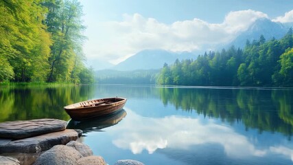 Wall Mural - Tranquil Lake with Wooden Boat and Mountain Vista