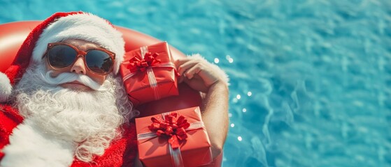 Wall Mural - merry christmas holiday vacation winter greeting card concept, - cool hipster santa claus with sungl