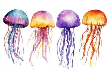 Poster - Jellyfish set on an isolated white background, watercolor illustration, hand drawn