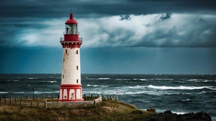 A silhouette of a lighthouse at sunset appears on a beach by the ocean on a cloudy, stormy day.