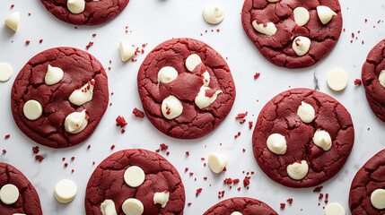 Delicious Red Velvet Cookies with White Chocolate Chips on Marble Surface