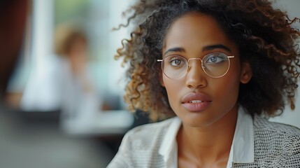 Poster - A close-up photograph of an interview scene, focus on the candidate's attentive expression and the interviewer's professional demeanor, office setting with clean lines and modern aesthetics,