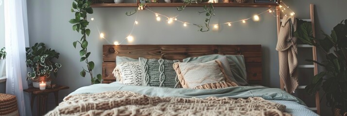 Poster - Cozy Bohemian Bedroom Featuring a Wooden Headboard, Soft Blankets, and Pillows Against Light Grey Walls, Alongside a Ladder Shelf Adorned with Plants and Fairy Lights, Evoking a Warm and Inviting