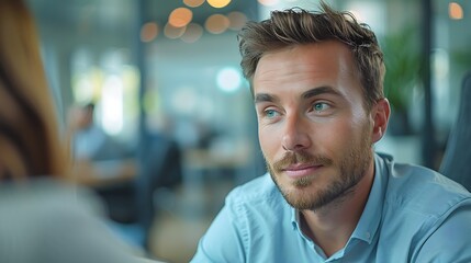 Canvas Print - A dynamic close-up shot of an interview, showing the candidate's attentive posture and nodding in agreement, interviewer with a thoughtful expression, modern office decor blurred in the background,