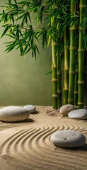 Android mobile wallpaper of bamboo trees with rocks, rippled sand and green botanical wall.