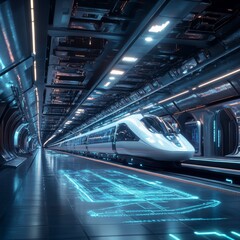 Wall Mural - Futuristic Hyperloop Station: Bioluminescent Trains and Holographic Maps for High-Speed Travel