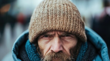 Back view of a person wearing a knitted hat and layered warm clothing, walking in an urban environment with a slightly blurred background.