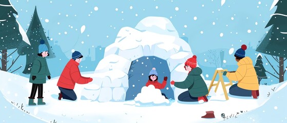 children building snow fort, parents watching, winter day, flat design illustration