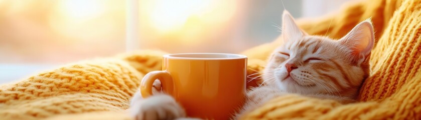 A cozy morning scene with a person holding a coffee cup and a cute cat sitting on their lap