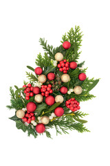 Wall Mural - Christmas gold, red bauble bulb decorations with winter holly, mistletoe, ivy, cedar fir, pine cones on white background border. Festive decorative design for holiday season.