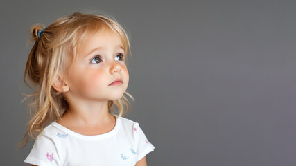 Wall Mural - Side view of Caucasian little girl wearing white dress isolated on gray