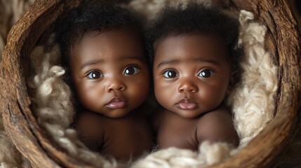 Two adorable twins rest peacefully in a woven basket, enveloped in soft, natural fibers, radiating warmth and innocence in gentle light