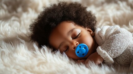 Peaceful slumber of an adorable infant with curly hair, nestled in soft white fur, gently sucking on a bright blue pacifier. Innocence captured in tender moment.