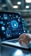 Wall Mural - futuristic cybersecurity interface on laptop screen with glowing icons and digital elements, showcas