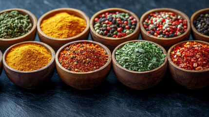 Different spices and herbs in wooden bowls sitting on a dark slate countertop