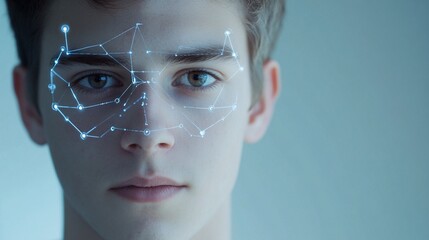 Futuristic facial recognition technology overlaid on a young man's face, illustrating advanced biometric scanning and digital identity verification.