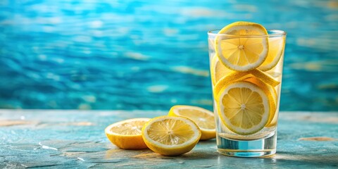 Wall Mural - Refreshing drink with sliced lemons floating in crystal clear water, lemons, fresh, water, drink, citrus, healthy, summer