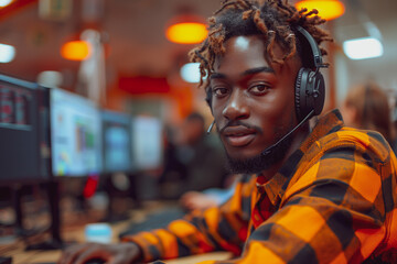 Canvas Print - Beautiful afro american man works in a call center, sits at a table in front of a work computer, wears headphones