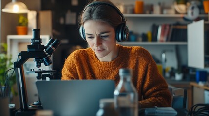 focused student in cozy orange sweater studies intently at home, surrounded by books and a microscop
