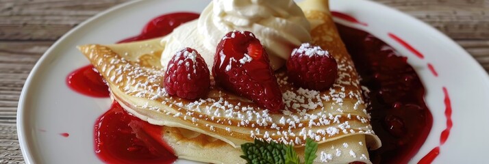 Canvas Print - Whipped Cream Crepe Filled with Strawberries and Raspberries, Topped with Raspberry Sauce