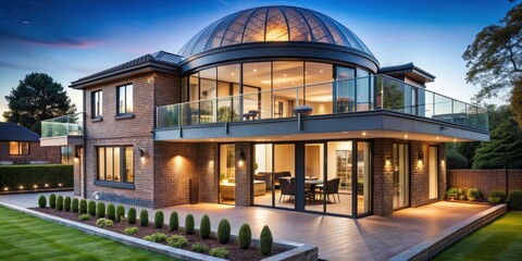 Poster - Modern brick house with glass dome and balcony, showcasing elegant contemporary architecture at dusk, modern