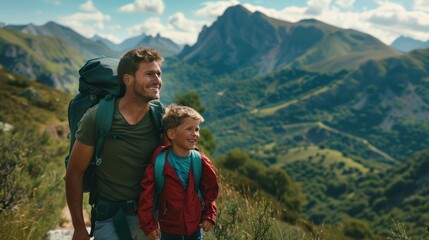 The father and son hiking.