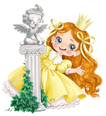 Poster - Cute cartoon Princess in lush yellow dress hiding behind a cupid statue on a column  watercolor paint