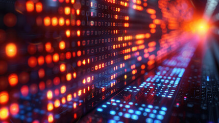 Close-up of a glowing digital matrix with red and blue lights, creating a futuristic and abstract background. 