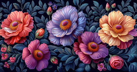 Wall Mural - A vibrant and intricate arrangement of colorful flowers, showcasing a variety of shapes and textures, against a dark background. 