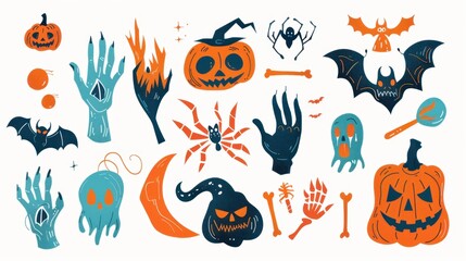 Vintage color illustrations of spooky Halloween Hand in various activities ,with bold lines and simple design, placed on a white background 