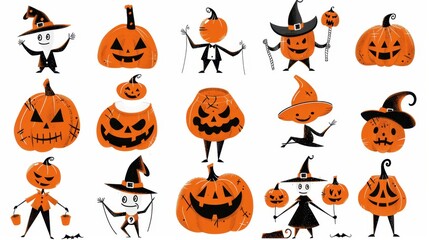 Vintage color illustrations of spooky Halloween Scary pumpkin man in various activities ,with bold lines and simple design, placed on a white background 