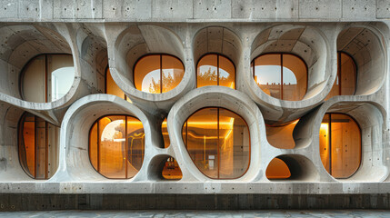 Sticker - A close-up shot of a modern building with a unique design. The facade is made of concrete and features a series of oval-shaped windows, creating a sense of depth and movement. 