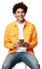 Sticker - PNG Happy young man using smartphone