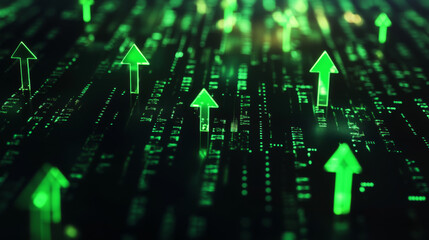 Abstract green arrows pointing upward on a digital background filled with data, representing growth, progress, and technology advancement.
