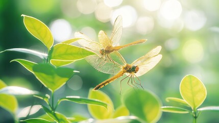 Two iridescent damselflies hover elegantly above lush green leaves in a sunlit garden, showcasing the beauty of nature s delicate creatures.