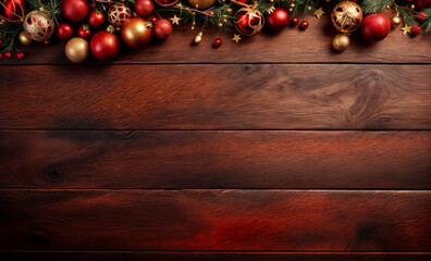 Wall Mural - Dark red Christmas decor vibrant ornaments on a wooden plank