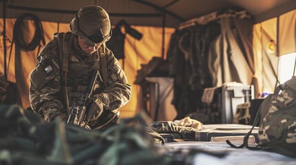 Soldier in Camouflage Uniform Inside Military Tent, Equipping and Preparing for Deployment on a Challenging Mission to Uphold National Security.