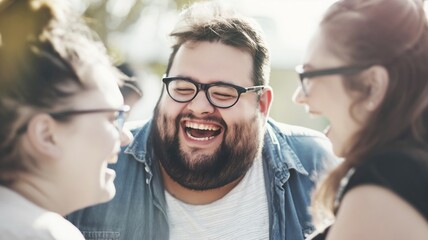 Three friends enjoying a fun day together, a bearded man laughing with two female friends in a joyful moment of shared happiness and camaraderie