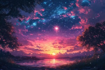 ethereal animestyle night sky with a falling star swirling galaxy patterns and dreamy pastel colors perfect for wallpaper