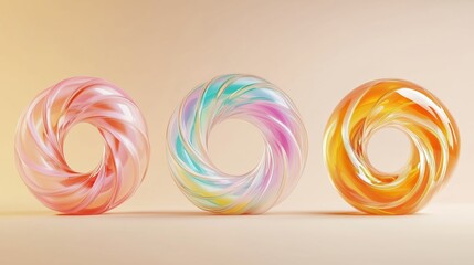 Wall Mural - Colorful glass spirals displayed on a soft background, showcasing various pastel shades and flowing designs