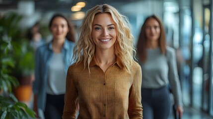 Professional women walking together in a bright office space, discussing business plans with confidence, their successful collaboration clear in their positive interaction.