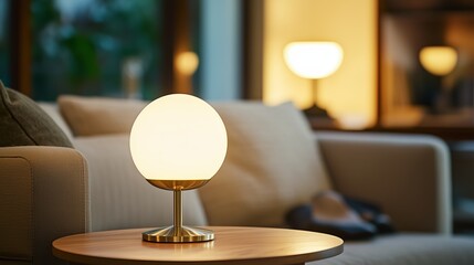 Modern table lamp on a wooden side table in a cozy living room with a soft glow during the evening