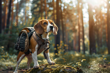 A cute beagle dog  wearing a backpack, hiking in a pet-friendly forest