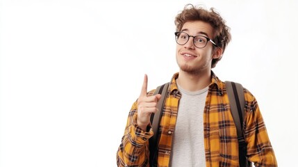 A young man with glasses and a plaid shirt is giving a thumbs up